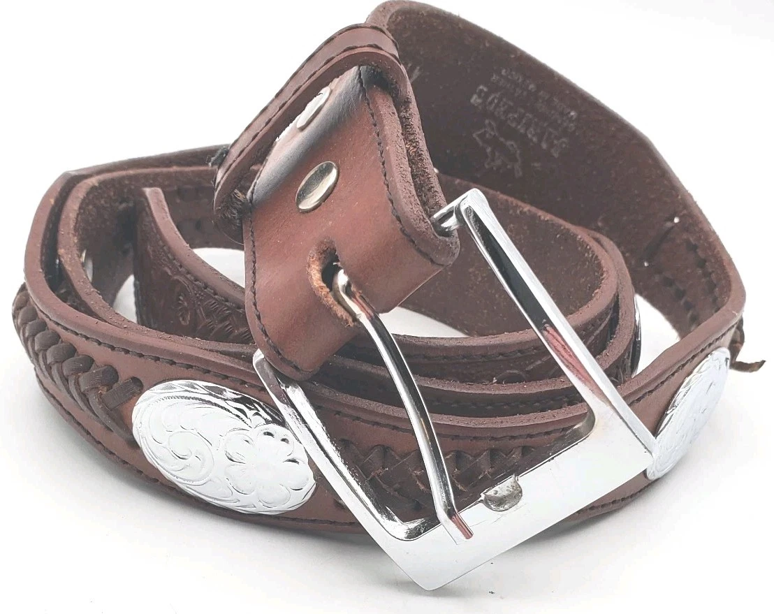 Vintage 1995 Western Leather Harness Floral Engraved Silver Buckle Concho Belt‎ Concho Belt Floral Cowboy Belts for Women for sale | eBay main image 3