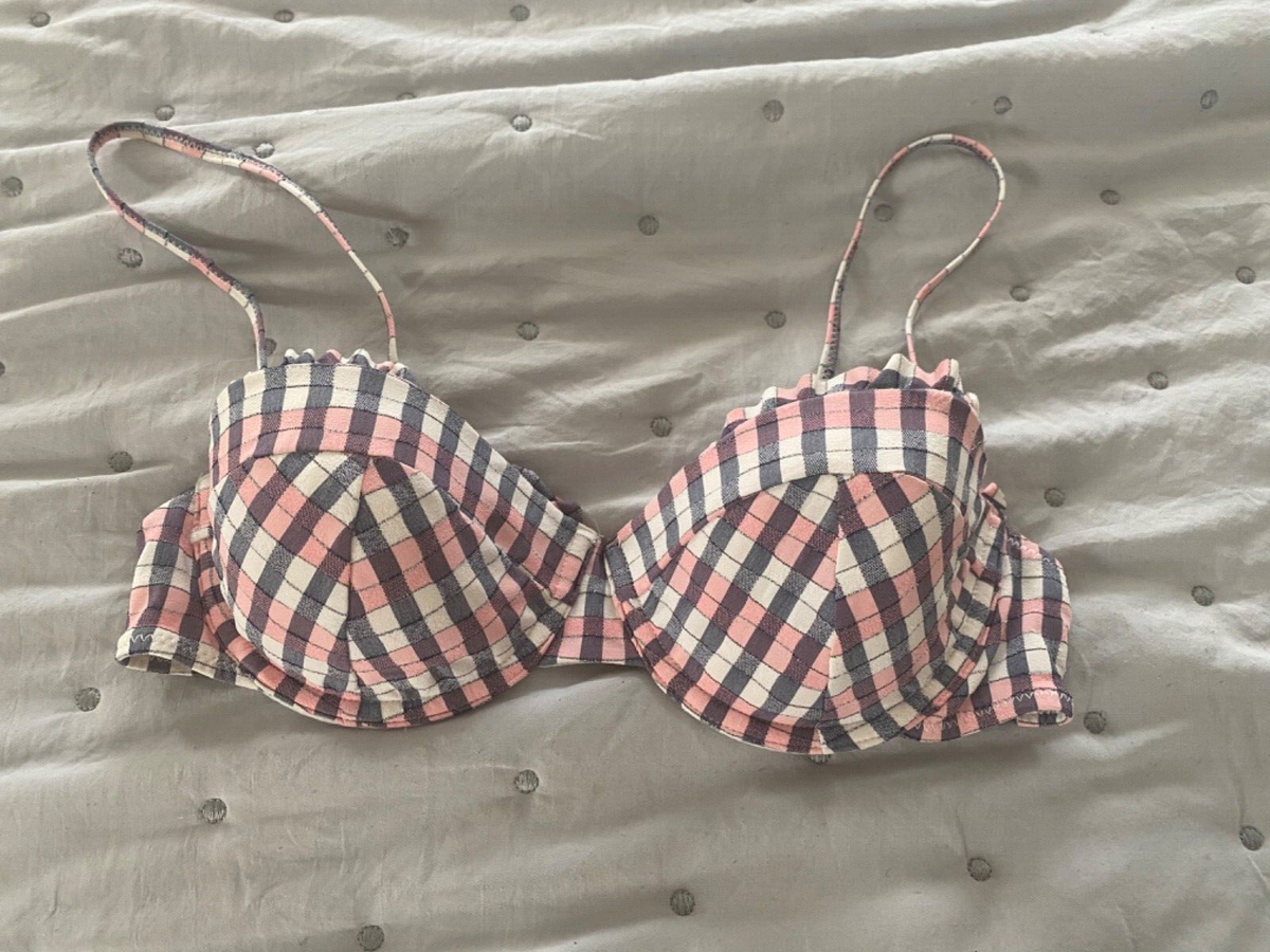 NWOT CUTE Topshop Push Up Bikini Top Gray Pink Plaid W/ Ruffle - Main Image