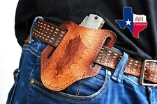  HAND MADE PURE LEATHER ENGRAVED HORIZONTAL SHEATH FOR FOLDING POKET KNIFE AH-