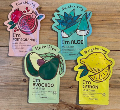 4 X Tony Moly Sheet Mask Assortment of Masks, Avacado, Lemon, Aloe, Pomegranate