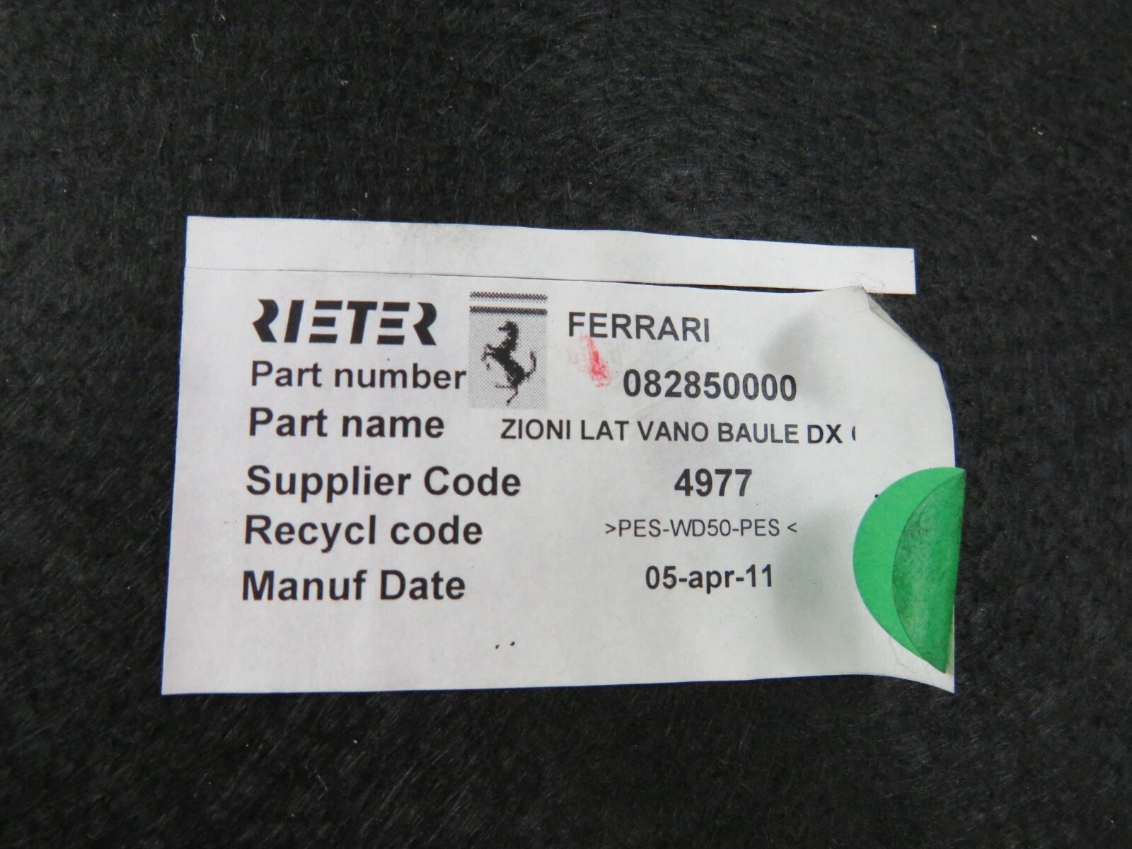 Ferrari California, RH, Right Side Trunk Carpet Panel, Used, P/N 82850000