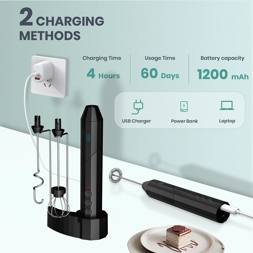 Milk Frother Handheld, USB Rechargeable Electric Foam Maker w/ 3 Heads for Latte
