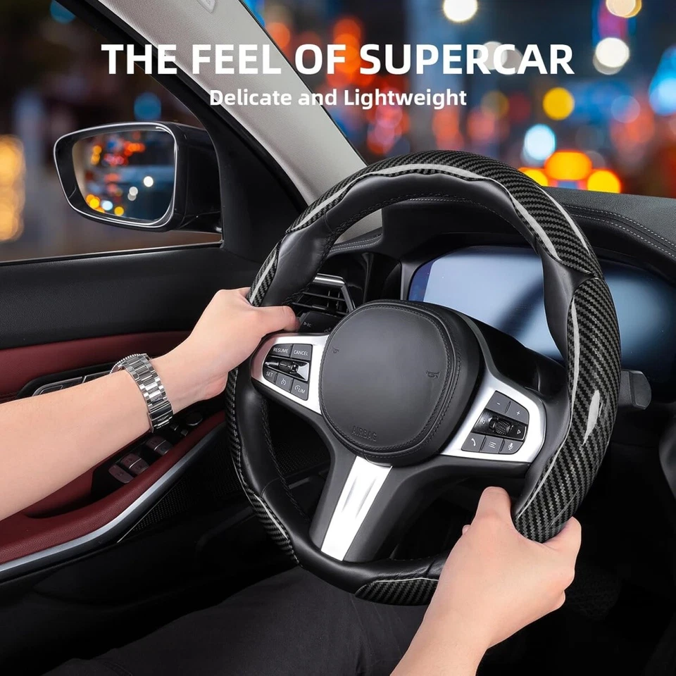 For Volkswagen 3pcs 15" Clip on Car Carbon Fiber Steering Wheel Covers Non-slip - Image 4 of 4