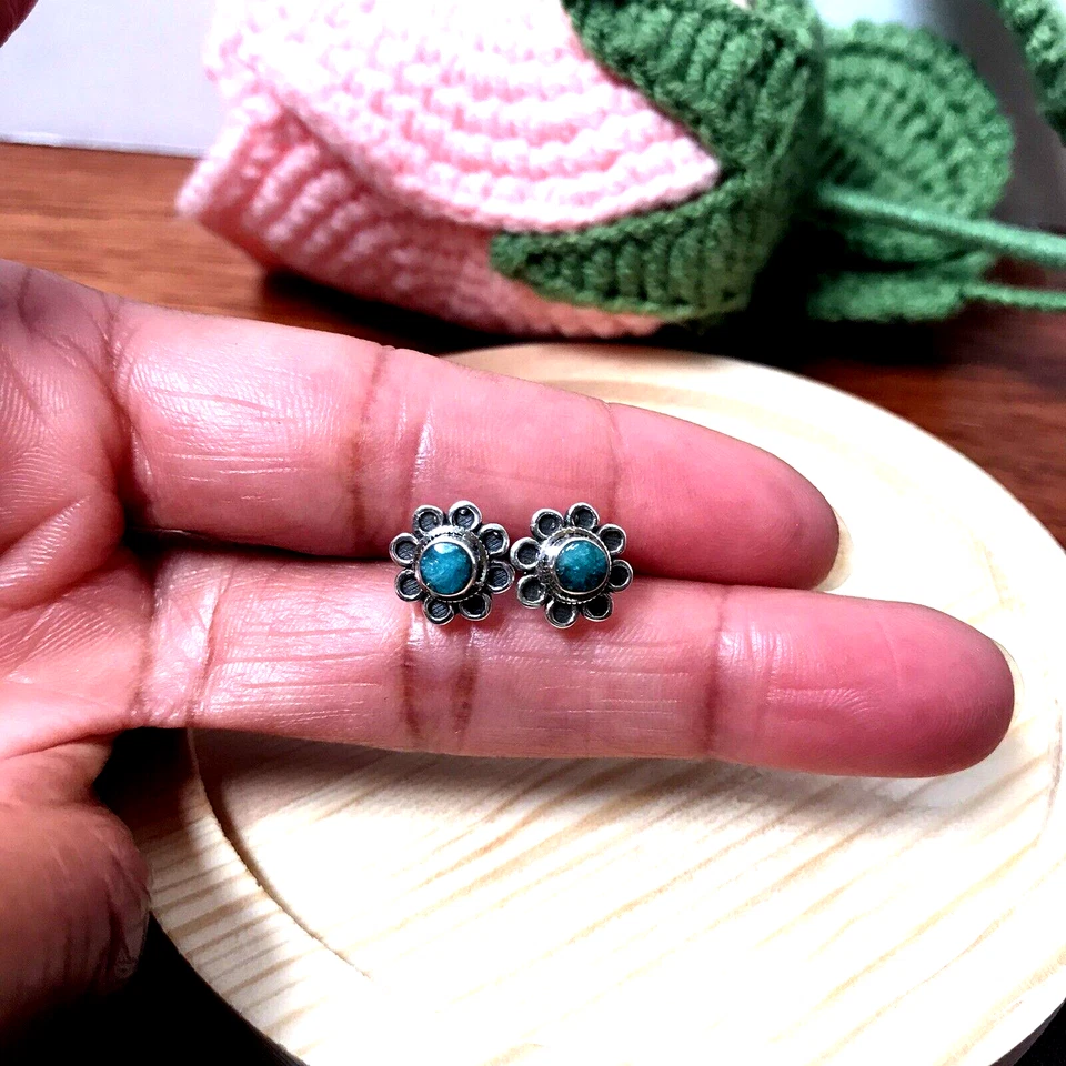 Pendientes de plata de ley 925 y piedras preciosas de azurita verde flor redonda delicados Foto 3 de 4