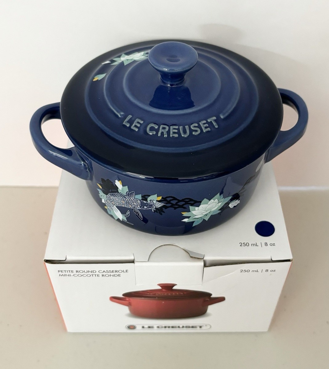 Le Creuset Lotus Koi Fish Mini Cocotte Cobalt Blue 8OZ 10cm - NEW