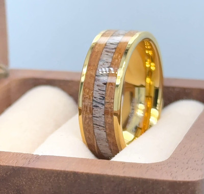 Oak Wood & White Deer Antler Inlay Band Gold Tungsten Ring Wife Valentine Gifts
