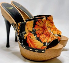 Versace Barocco Floral Canvas Wood Platform Stiletto Mule Clogs NWOB EU 38