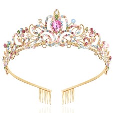 TAROSE Tiaras for Women, Birthday Crown and Sash One Size, 1 C. Gold color