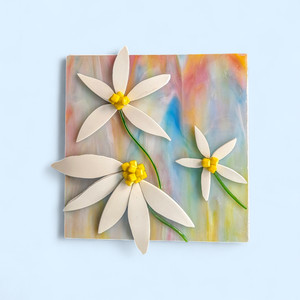 Upcycled art- stained glass, vintage china petals, daisy w bead center glass art