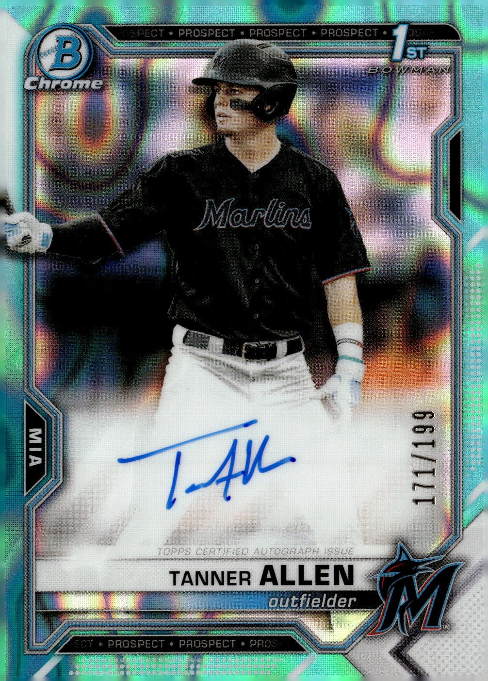 2021 Bowman Draft #CDA-TA Tanner Allen Chrome Auto Aqua Lava Refractor #/199