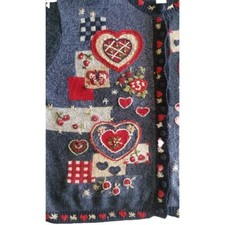 VTG 2002 Heirloom Collectibles Sweater Cardigan  Hearts Flowers - Sz XL Blue