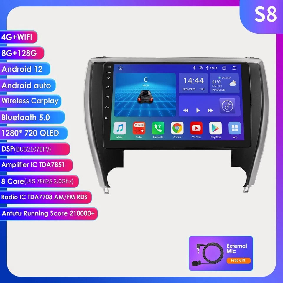 8G+128GB 汽车立体声收音机 适用于丰田凯美瑞 2015 - 2017 Android 12 汽车播放 GPS DSP — 第 2/4 张图片