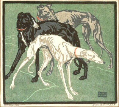 Greyhounds by Norbertine Bresslern-Roth   1926 Linocut Animal Print to Frame