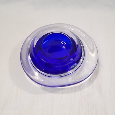 Small SIGNED Art Glass Ikebana Flower Vase Blue/Clear 6'' NICE!-David New