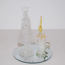Hand Spun Blown Art Glass Christmas 6" Tree Figurine & 4.5" Candlestick Ornament
