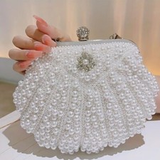   White Beaded Stunning Floral Handle Clutch Bag  