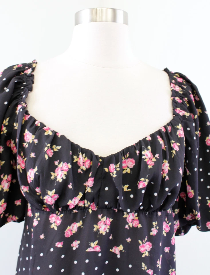 Nuevo con etiquetas Mini Vestido Betsey Johnson Lunares Floral Manga Abullonada Lunares Negro Talla S Foto 4 de 4
