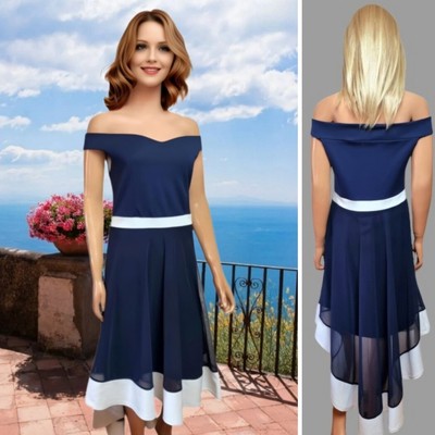 QUIZ DRESS SIZE 14 NAVY&WHITE FIT&FLARED OFF THE SHOULDER LONGER BACK#9