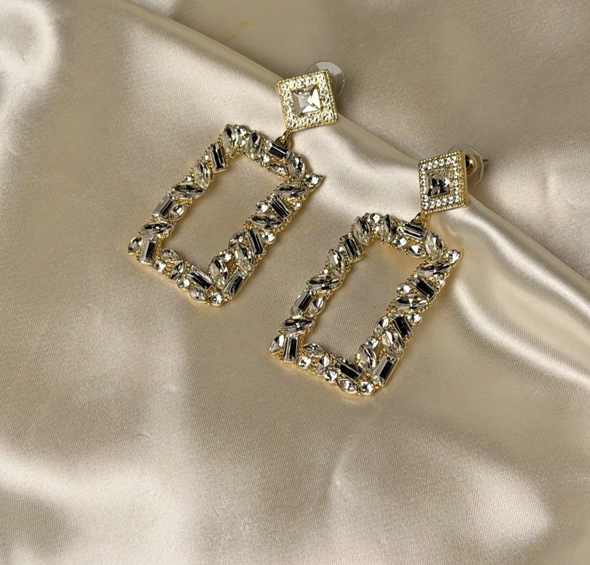 Gold Tone Rectangular Rhinestone Drop Earrings – … - image 5