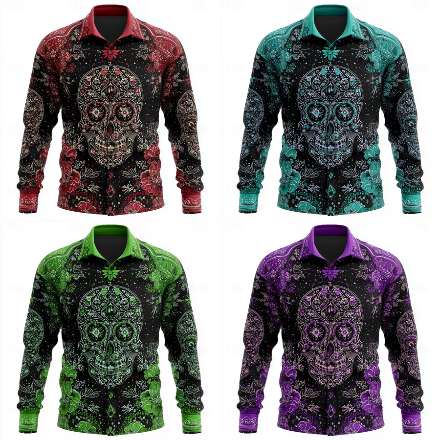 Button Down Shirt Men Fashion Skull Flower Floral Shirt 3D Printed Shirt for Men-image