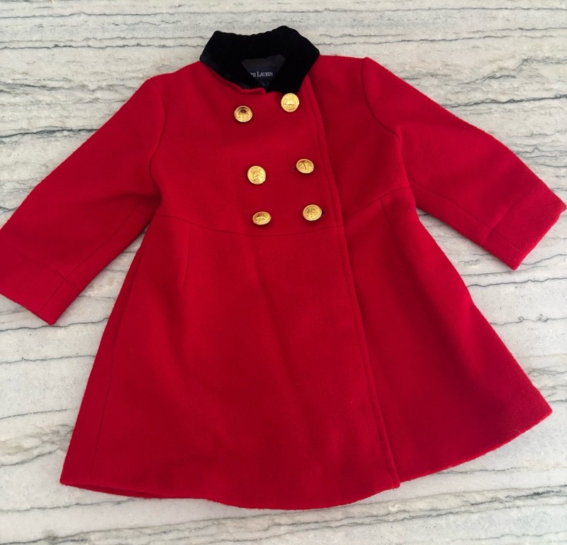 Vintage Polo Ralph Lauren Toddler Girls Red Wool Pea Coat Velvet Collar 12-24 M