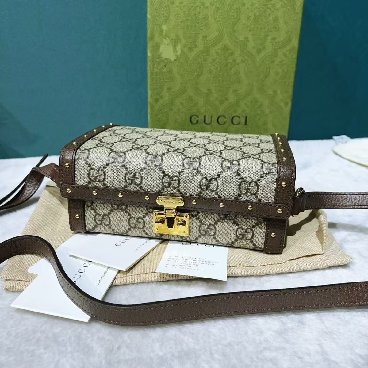 Gucci GG Supreme Monogram Brown Calfskin Hard Mini Trunk Crossbody
