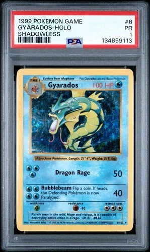 PSA 1 Shadowless Gyarados 6/102 Base Holo 1999 Pokemon Card Vintage WOTC