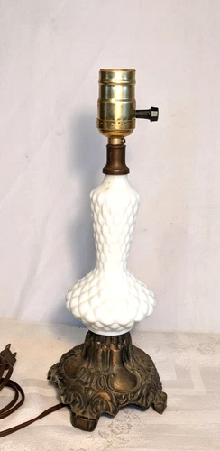 Vintage Textured Milk Glass 13" Table Bedroom Accent Lamp Ornate Cast Metal Base