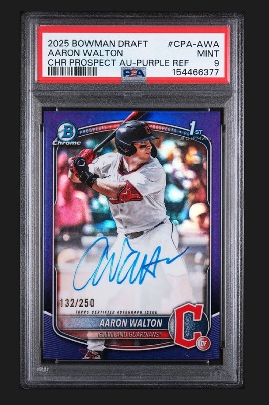 2025 BOWMAN DRAFT AARON WALTON /250 CHR PROSPECT AUTO PURPLE REF PSA 9