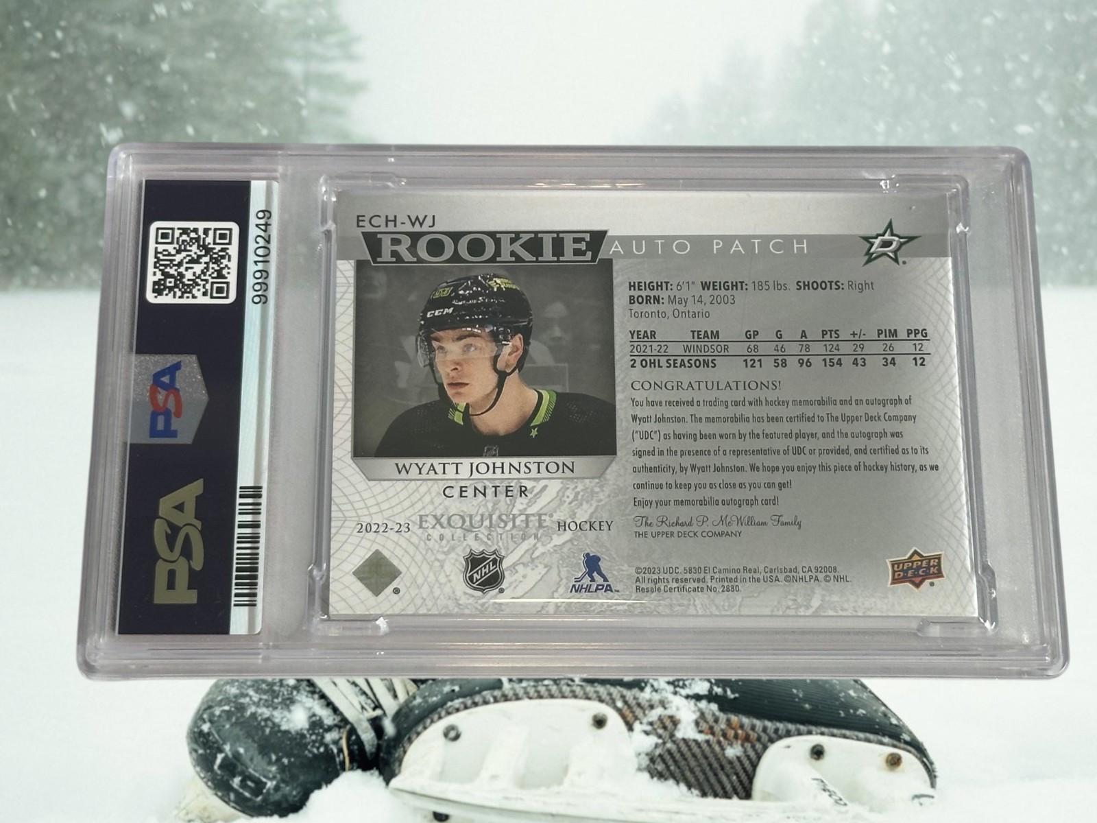 WYATT JOHNSTON 2022-23 THE CUP EXQUISITE ROOKIE AUTO PATCH /25 PSA 8 NM-MT/9AUTO view 2