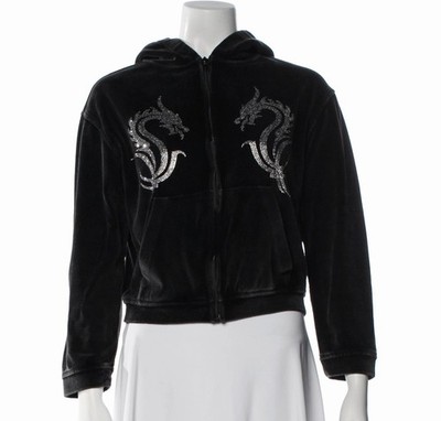 Alexander Wang Women's Black Rhinestone Dragon Velour Full Zip Hoodie Sz S/M