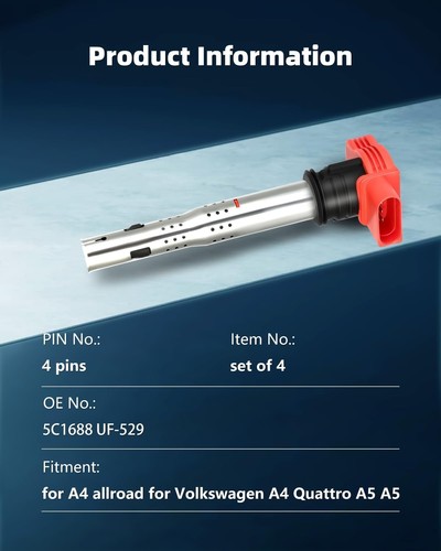 Ignition Coils & Plugs Kit for Audi Q5 A6 A7 Volkswagen MK5 MK6 GTI Set of 4 - Picture 3 of 9