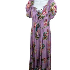 Floral Smocked Waist Tiered Maxi Dress Purple Boho Tassel Puff Sleeve Lurex