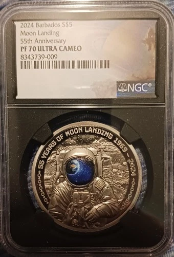 2024 Barbados Moon Landing 55th Ann. Black Proof 1 oz Silver Coin NGC PF 70 UCAM