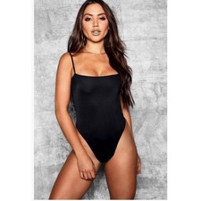 Boohoo Bodysuit Size 10 Black Slinky Skinny Strap