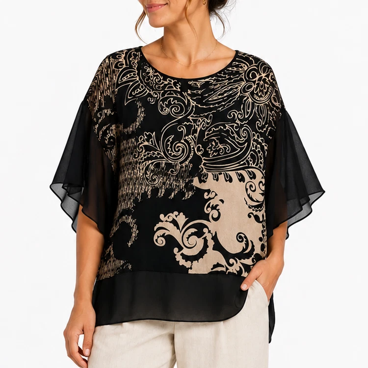 Travelers by Chico’s Poncho Top Size 2 Black Beige Paisley Blouse Sheer Sleeves
Opens in a new windo