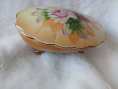 **SALE** Lefton Trinket Box Hand Painted Roses 5206 3 Footed Oval Vintage Japan