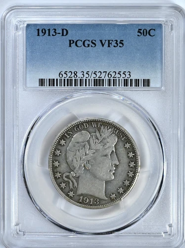 1913 D Barber Half Dollar PCGS VF35 Low Population Coin 6528
