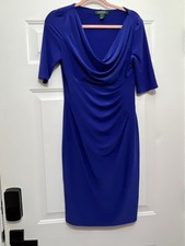 Lauren Ralph Women Dress 10 Blue Surplice Jersey Classic Ruched Preppy Office
