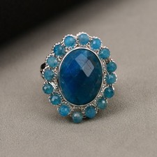 Natural Blue Apatite Stone Oval Shape Faceted Gems Adjustable Rings Gifts