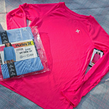 Hurley Girls Pink/blue Slve Rash GuardSwim Top UPF 50 Moisture Wicking XL 2pk