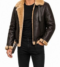 Mens B3 Shearling Sheepskin Leather Jacket Brown Winter Aviator Bomber Coat