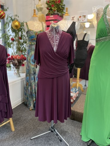 Thea Dora Eggplant Evening Stretch Dress Short Sleeves Knee Length size 20 - 第 1/10 張圖片