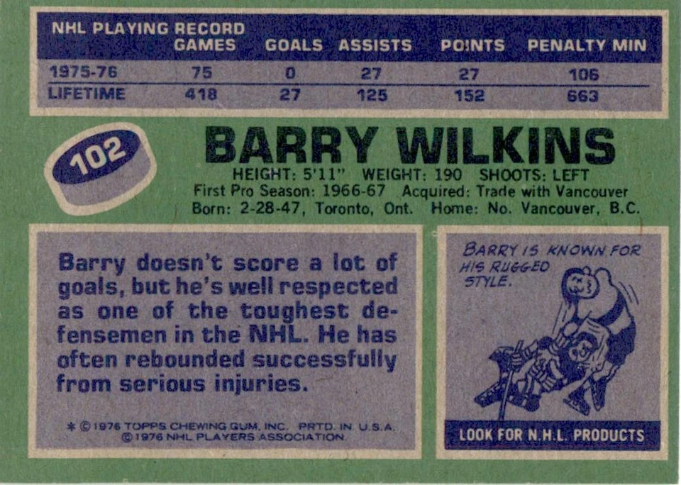 1976 Topps #102 Barry Wilkins Pittsburgh Penguins EX-MT - Image 2 of 2