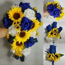 Royal Blue White Rose Sunflower Bridal Wedding Bouquet Accessories