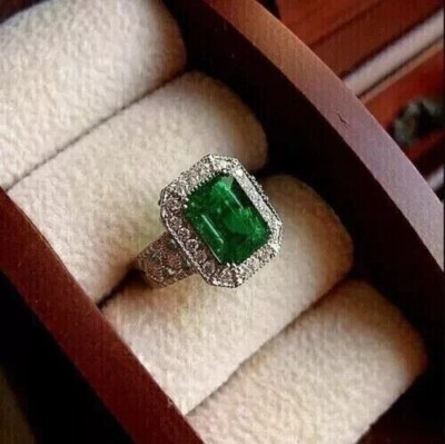 3CT Emerald Cut Simulated Green Emerald Halo Wedding Ring 14K White Gold Plated