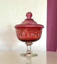 Antik Bonboniere Dose Glasdose Deckeldose Rubin rot Email Golddekor Fu&szlig;schale