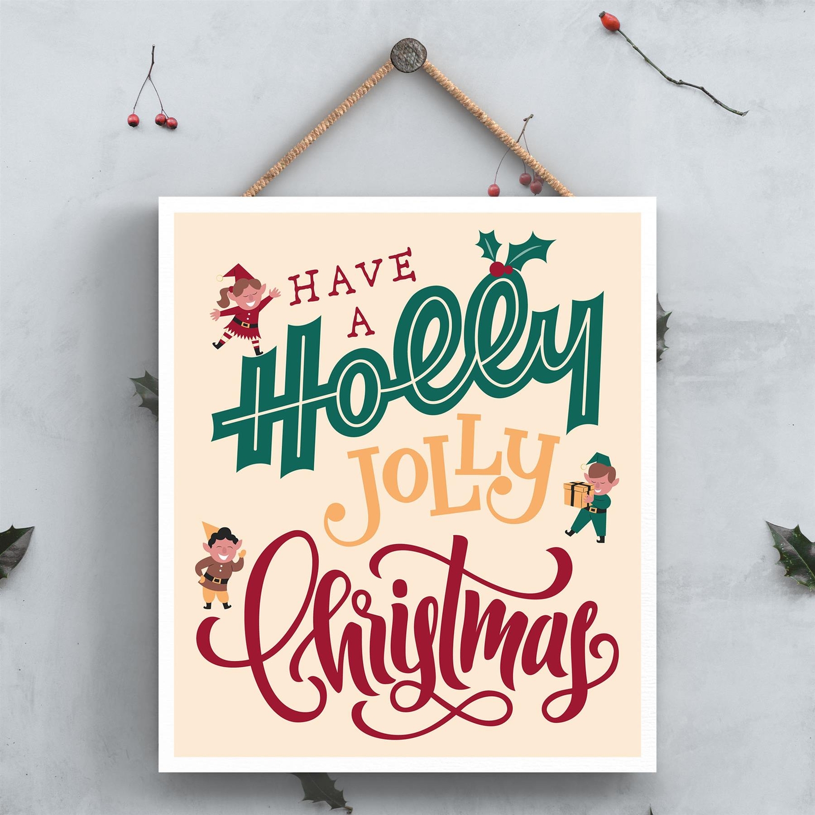 Holly Jolly Christmas Elf Festive Wooden Plaque Christmas Decor