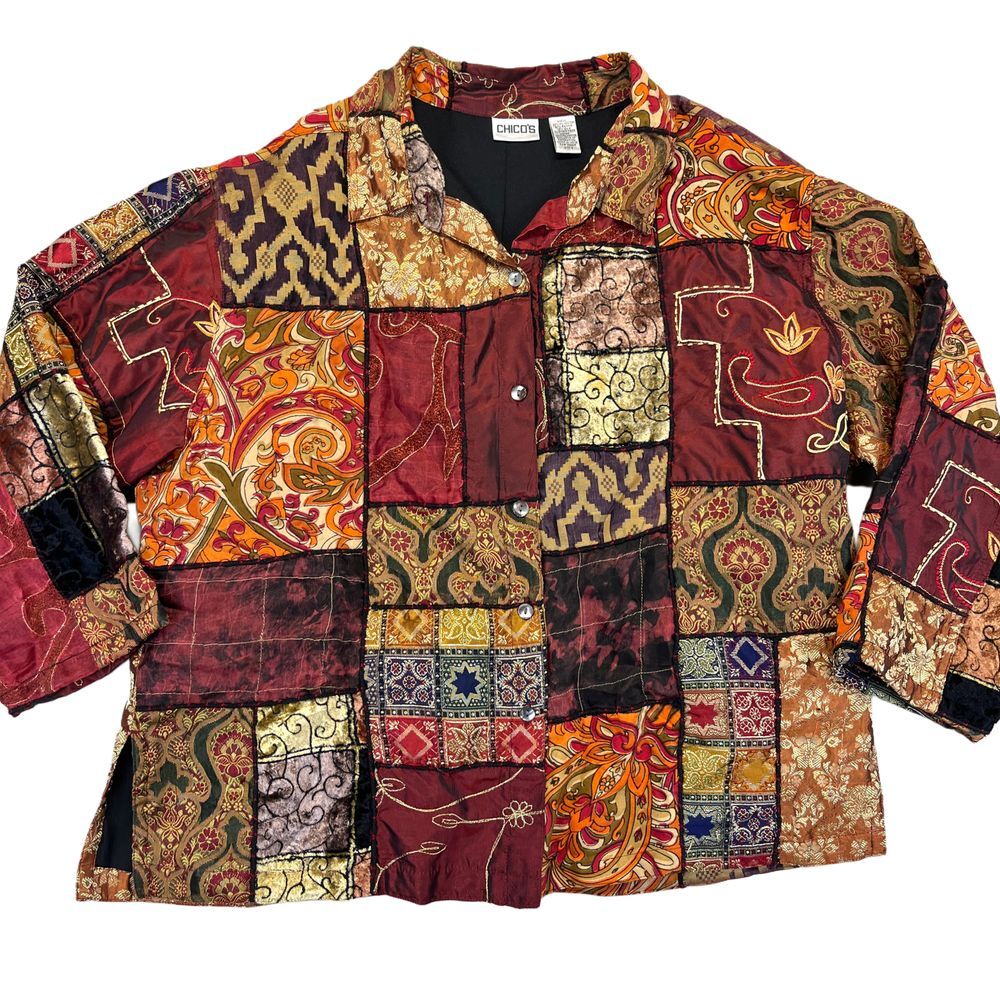 Chicos Patchwork Quilted Jacket Boho Paisley Flor… - image 1