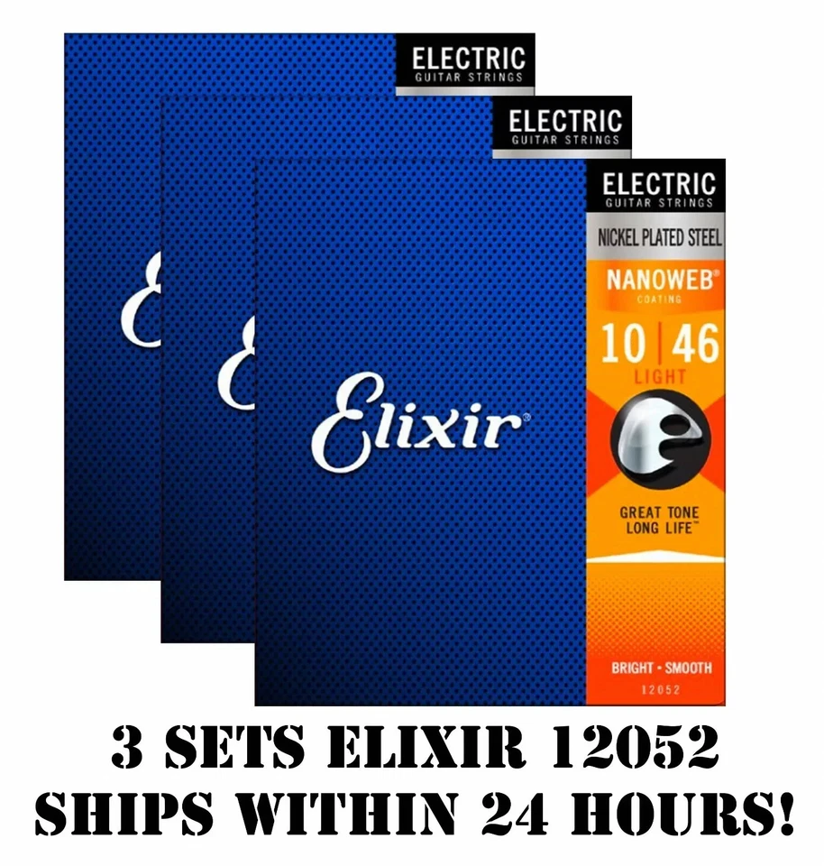 3 SETS ELI**R NANOWEB 12052 NICKEL PLATED ELECTRIC GUITAR STRINGS LIGHT -10-46